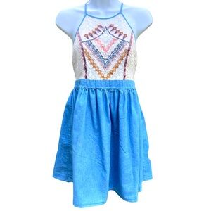 Anthropologie Flying Tomato Embroidered Mini Dress Denim Cream Summer BoHo Sz L